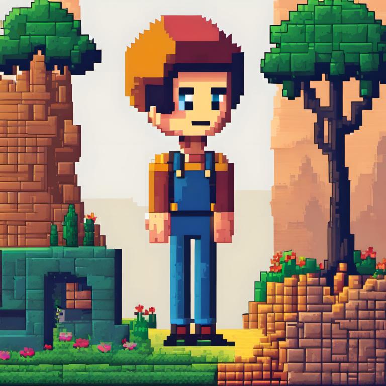 Pixel Art,Pixel Art, People, man, 1boy, male focus, overalls, shirt, solo, hat, flower, facial hair