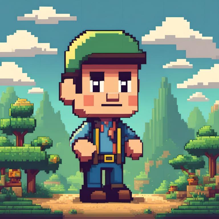 Pixel Art,Pixel Art, Oameni, om, 1 băiat, în aer liber, căciulă verde, nor, focalizare masculină, solo