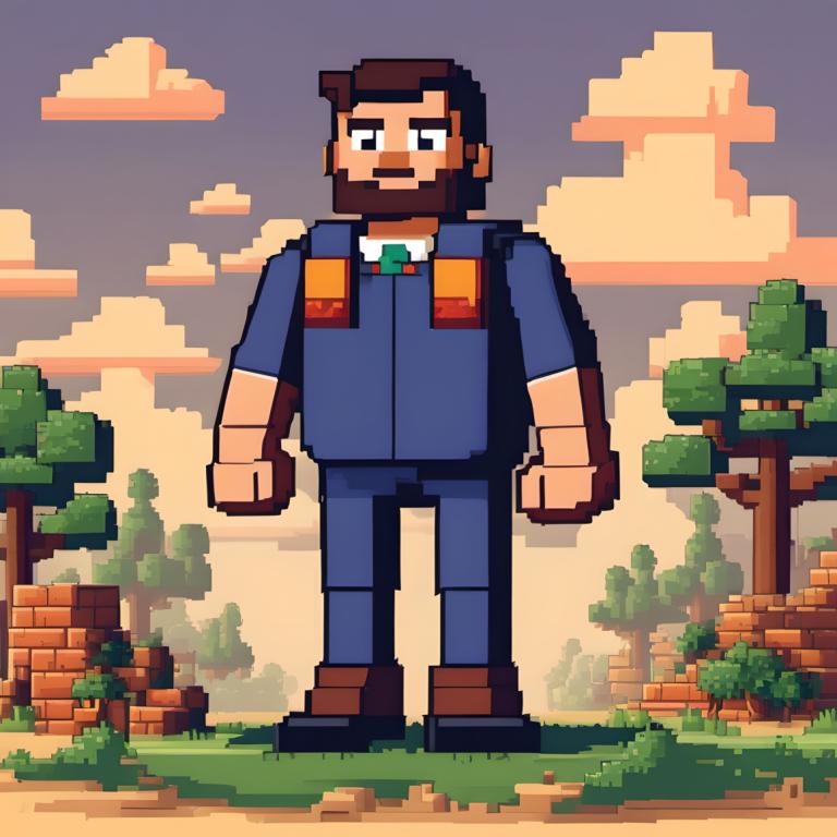 Pixel Art,Pixel Art, People, man, 1boy, facial hair, male focus, solo, tree, cloud, mustache, outdoors