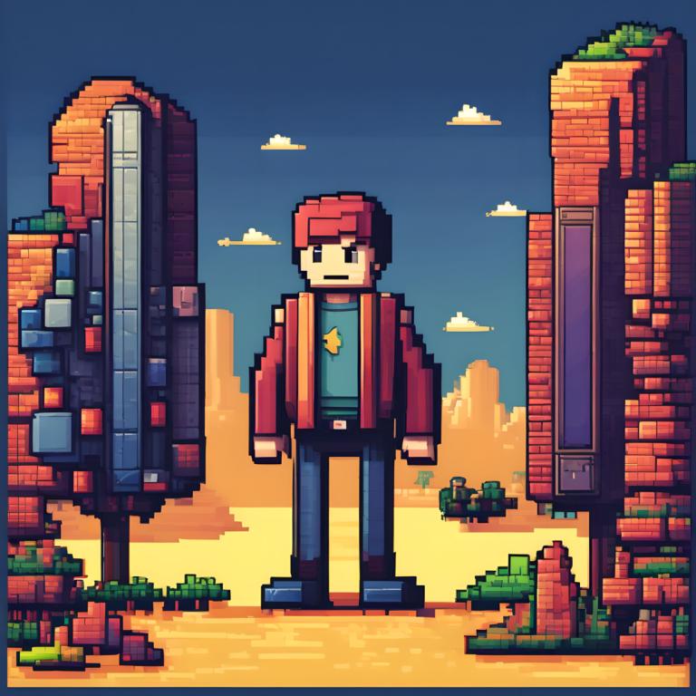 Pixel Art,Pixel Art, Mennesker, Mann, 1 gutt, mannlig fokus, solo, utendørs, skjorte, himmel, Sky, bukser