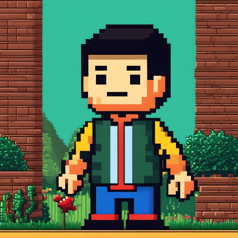 Pixel Art,Pixel Art, People, man, 1boy, male focus, solo, black hair, facial hair, brick wall, vest, outdoors