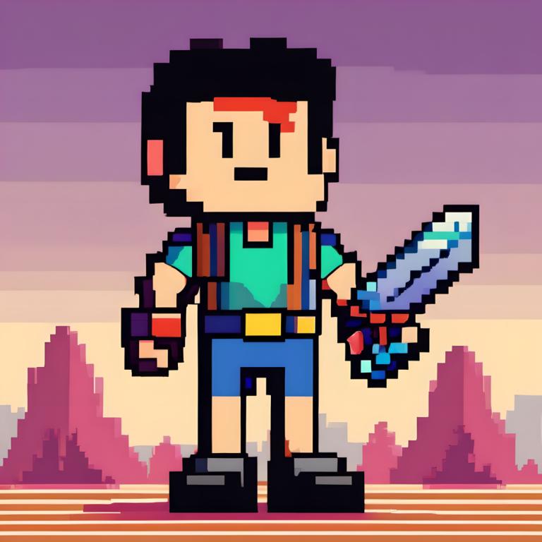 Pixel Art,Pixel Art, People, man, 1boy, weapon, male focus, solo, holding, sword, shirt, black hair