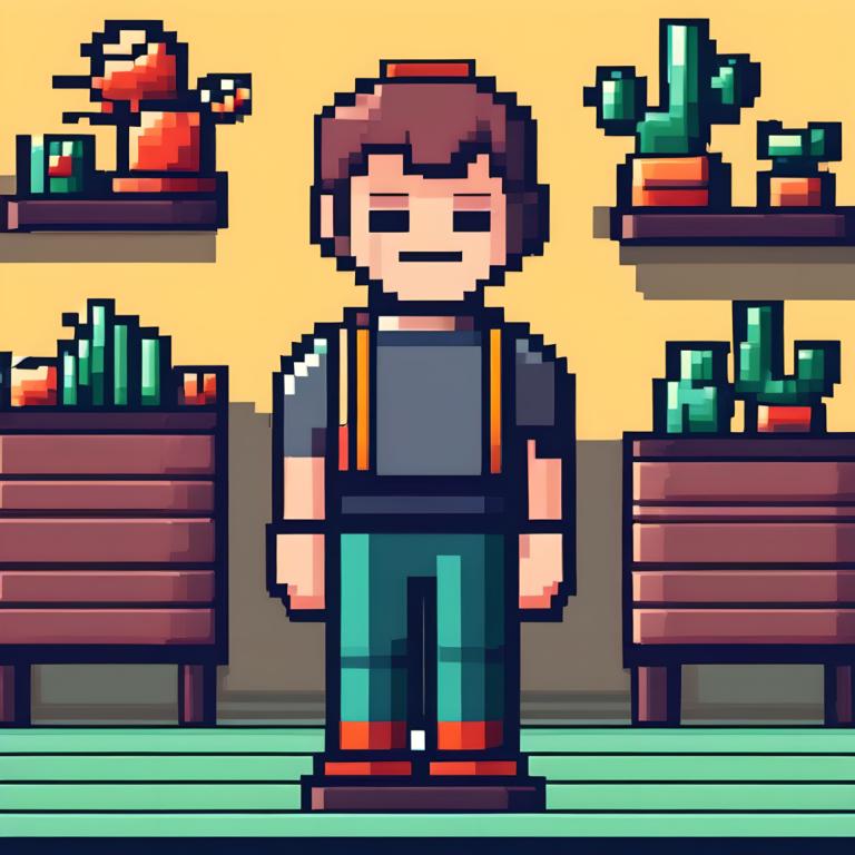 Pixel Art,Pixel Art, People, man, 1boy, brown hair, solo, male focus, shirt, standing, pants, facial hair