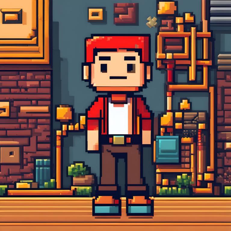 Pixel Art,Pixel Art, People, man, 1boy, male focus, solo, brown pants, pants, shirt, standing, belt, gloves