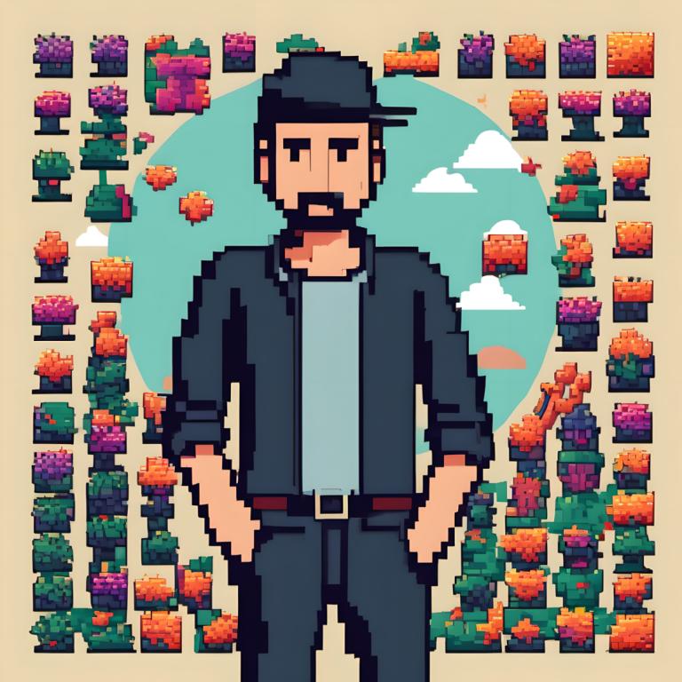 Pixel art,Pixel art, Personnes, homme, 1garçon, Poils, foyer masculin, chapeau, ceinture, barbe, solo