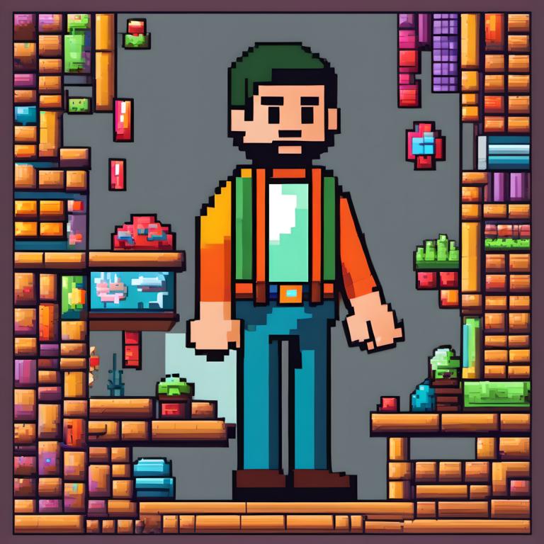 Pixel Art,Pixel Art, People, man, 1boy, male focus, solo, facial hair, belt, shirt, standing, hat, mustache