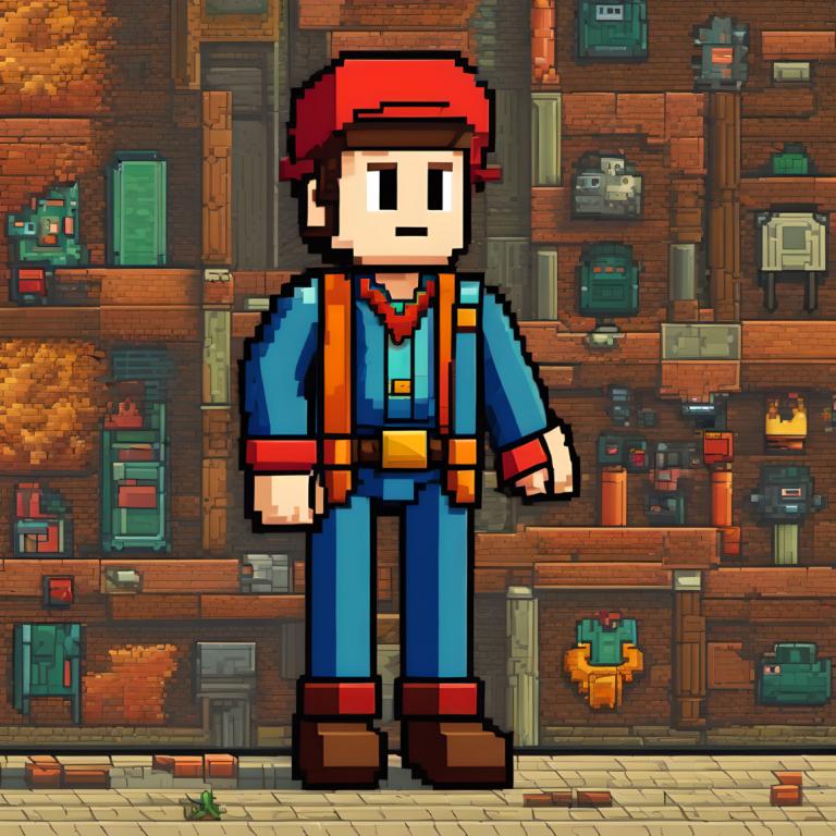 Pixel Art,Pixel Art, People, man, red headwear, 1boy, male focus, brown footwear, mario, solo, standing, hat