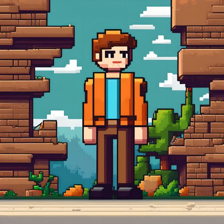 Pixel Art,Pixel Art, People, man, 1boy, brown pants, brown hair, solo, male focus, blue shirt, outdoors