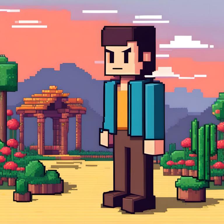 Pixel Art,Pixel Art, People, man, 1boy, male focus, solo, cloud, outdoors, flower, jacket, sky, black hair