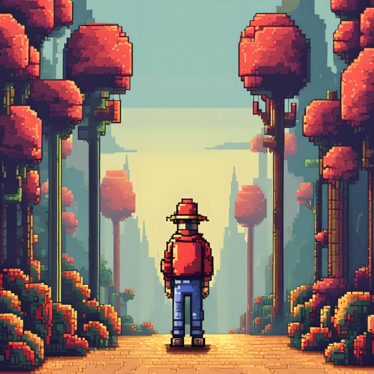 Pixel Art,Pixel Art, People, man, 1boy, male focus, hat, outdoors, solo, from behind, pants, denim, standing