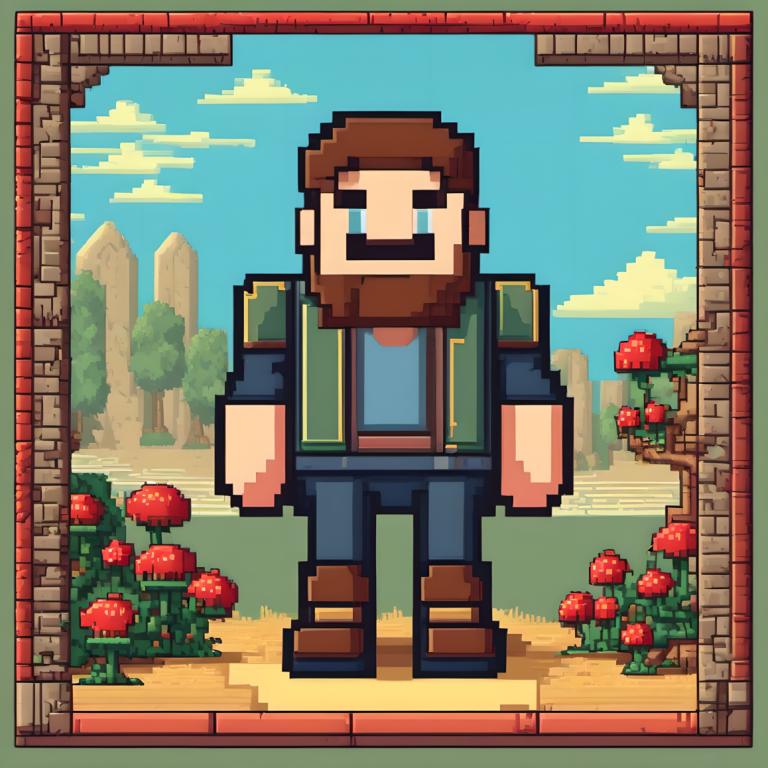 Pixel Art,Pixel Art, People, man, facial hair, 1boy, male focus, solo, brown hair, flower, outdoors, beard