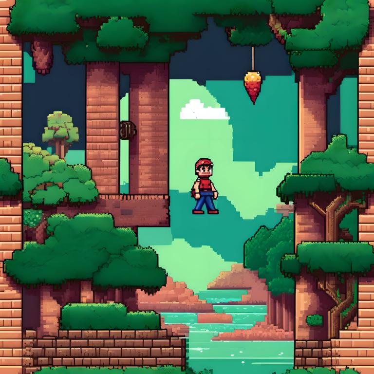 Pixel Art,Pixel Art, People, man, 1boy, male focus, tree, hat, solo, mario, gloves, red shirt, shirt