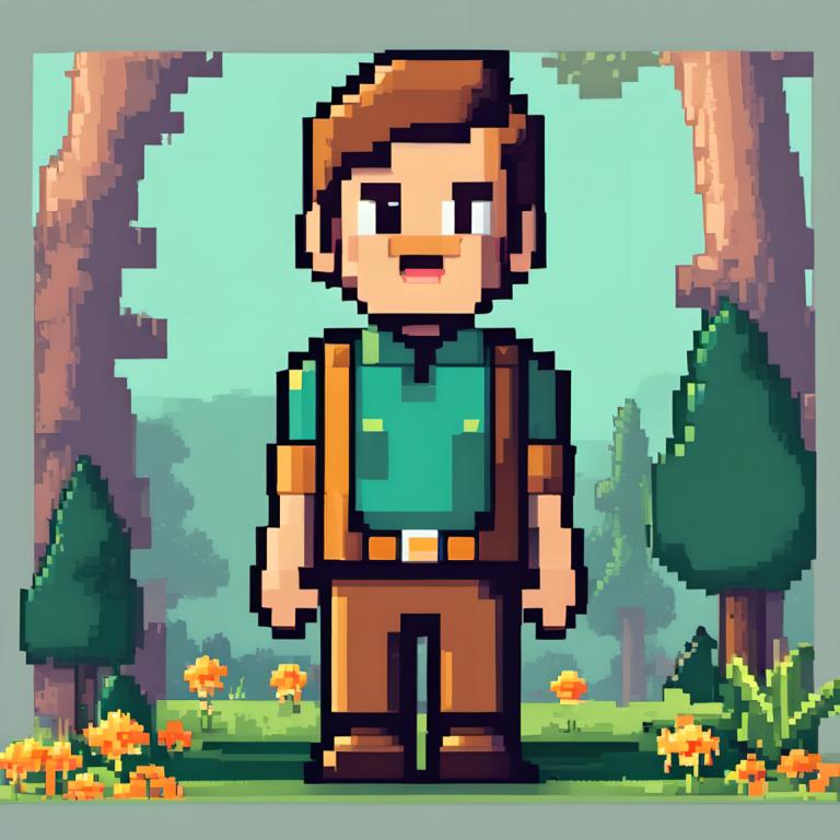 Pixel Art,Pixel Art, People, man, 1boy, brown hair, male focus, solo, tree, outdoors, shirt, green shirt