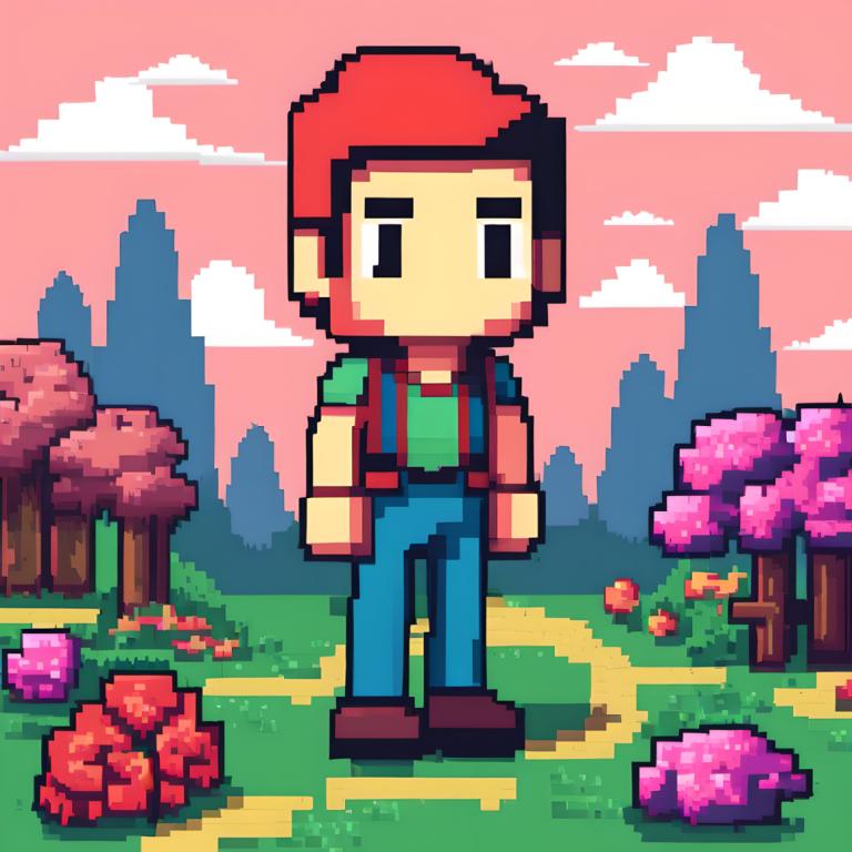 Pixel Art,Pixel Art, People, man, 1boy, male focus, solo, shirt, tree, outdoors, green shirt, cloud, flower