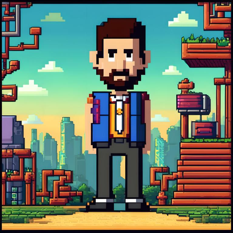 Pixel Art,Pixel Art, People, man, facial hair, 1boy, male focus, solo, beard, brown hair, outdoors, mustache