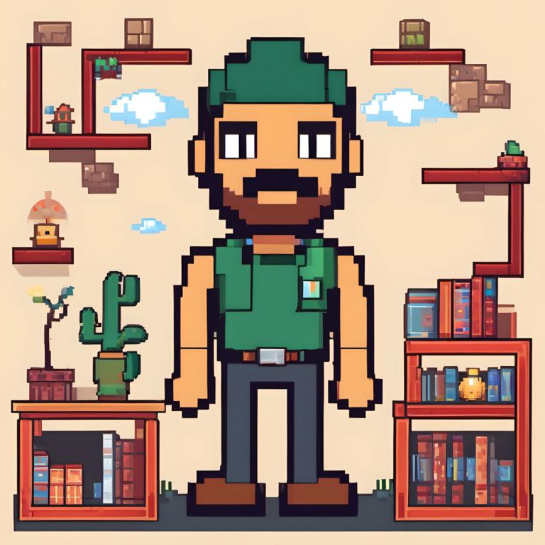 Pixel Art,Pixel Art, People, man, 1boy, facial hair, male focus, belt, mustache, green shirt, luigi, book