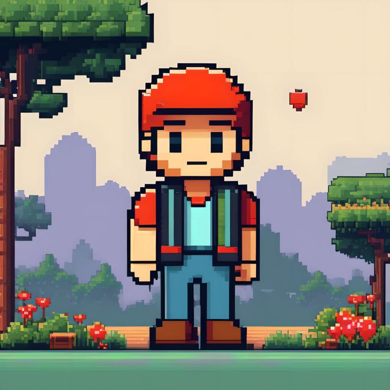 Pixel Art,Pixel Art, People, man, 1boy, male focus, solo, tree, red headwear, shirt, brown footwear, outdoors