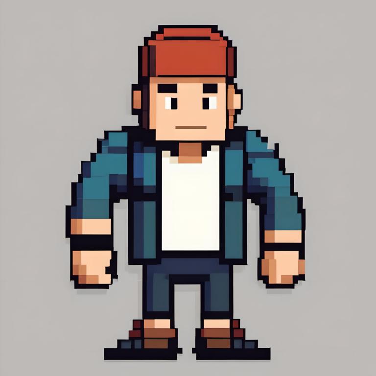 Pixel Art,Pixel Art, People, man, 1boy, male focus, solo, grey background, red headwear, simple background