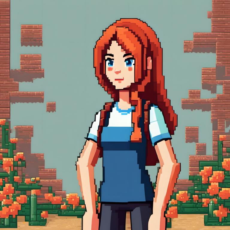 Pixel Art,Pixel Art, People, woman, 1girl, solo, shirt, long hair, blue eyes, flower, short sleeves, pants