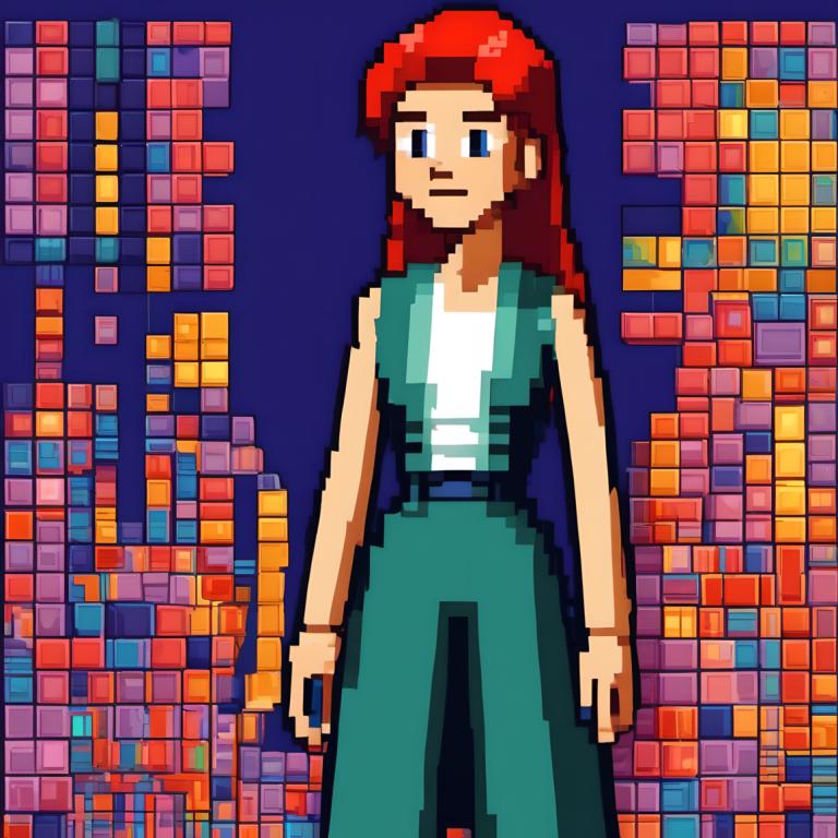 Pixelkunst,Pixelkunst, Mensen, vrouw, solo, 1meisje, rood haar, lang haar, broek, blauwe ogen, shirt