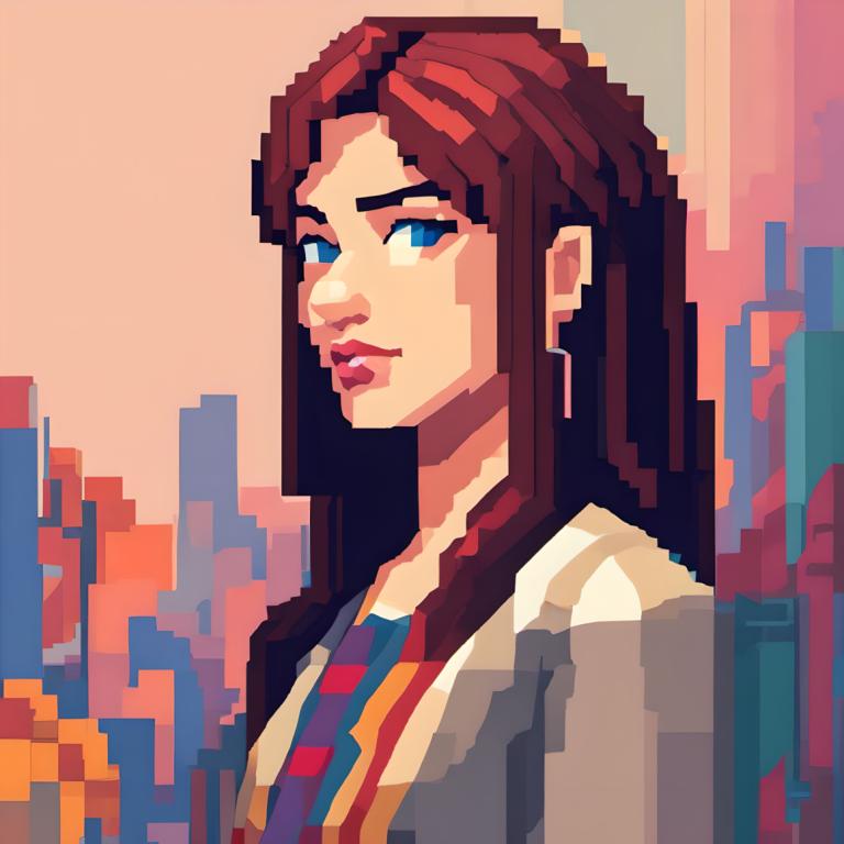 Pixel Kunst,Pixel Kunst, Menschen, Frau, 1Mädchen, Solo, blaue Augen, Ohrringe, Schmuck, lange Haare