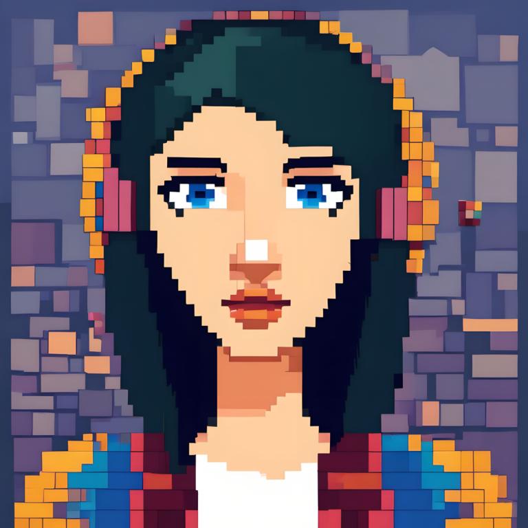 Pixel Art,Pixel Art, People, woman, solo, 1girl, blue eyes, black hair, looking at viewer, portrait, lipstick