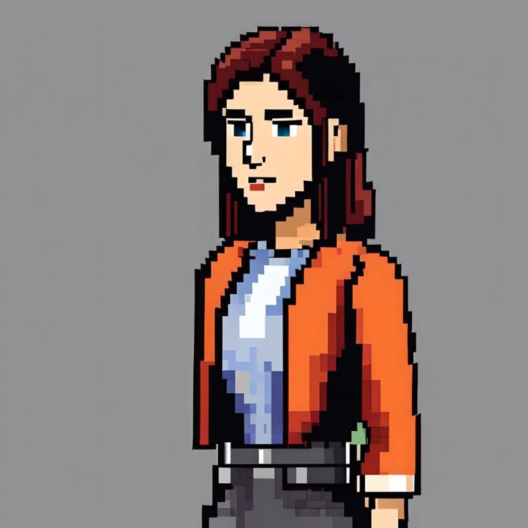 Pixel Art,Pixel Art, People, woman, 1boy, male focus, solo, facial hair, brown hair, grey background