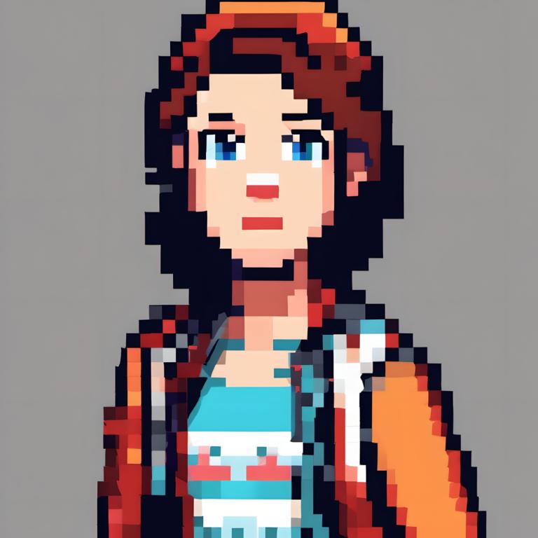 Pixel Kunst,Pixel Kunst, Menschen, Frau, Solo, 1Mädchen, blaue Augen, Hemd, grauer Hintergrund