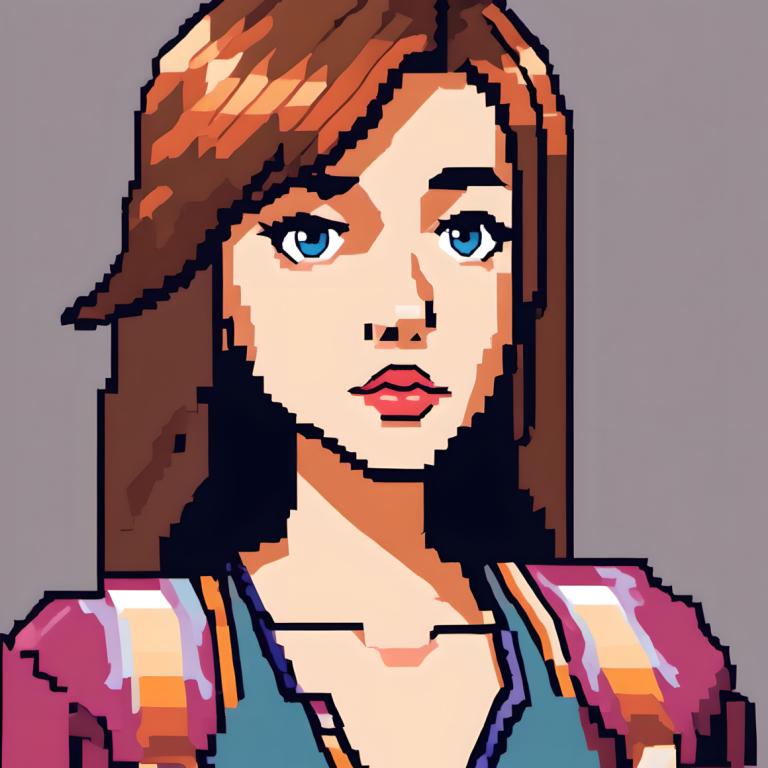 Pixel Art,Pixel Art, People, woman, 1girl, solo, brown hair, blue eyes, grey background, long hair