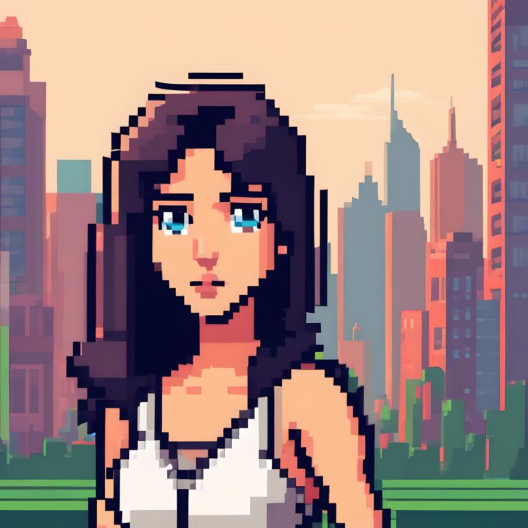 Pixel Art,Pixel Art, People, woman, 1girl, solo, blue eyes, long hair, black hair, outdoors, building