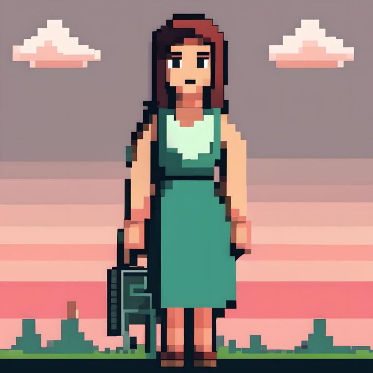 Pixel Art,Pixel Art, Mennesker, kvinde, 1 pige, solo, kjole, langt hår, brunt hår, Sky, bedrift, grøn kjole