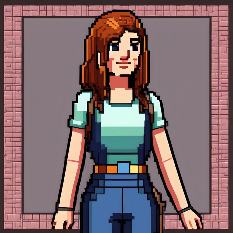 Pixel Kunst,Pixel Kunst, Menschen, Frau, 1Mädchen, Solo, braune Haare, Hemd, lange Haare, Hose, blaue Augen