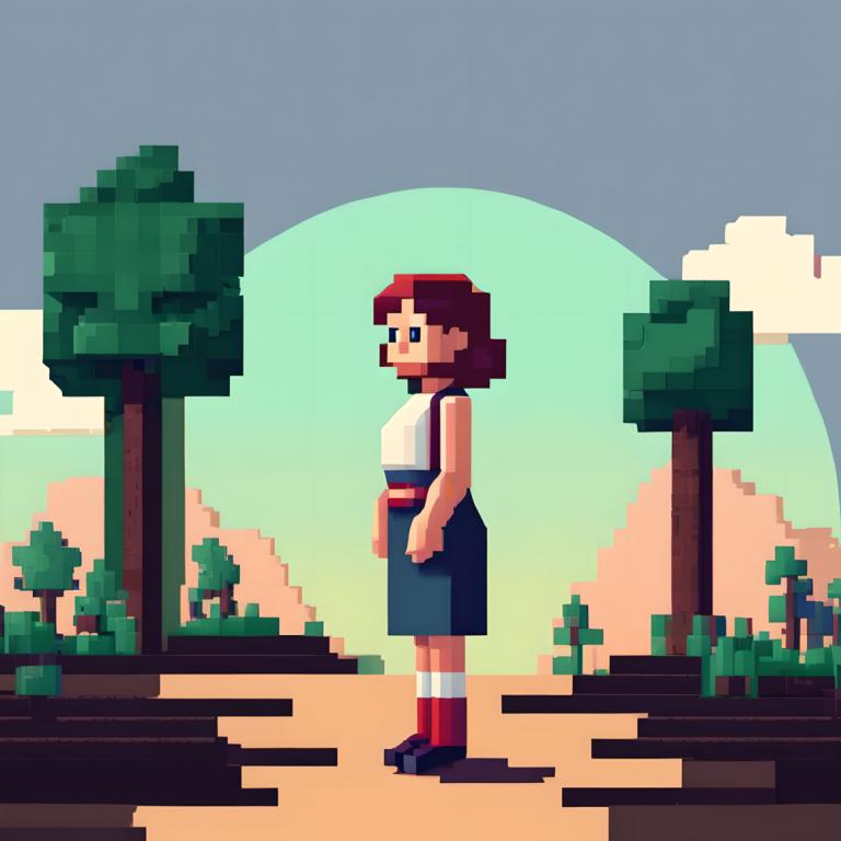 Pixel art,Pixel art, Personnes, femme, 1fille, solo, cheveux bruns, arbre, debout, Sans manches, chemise