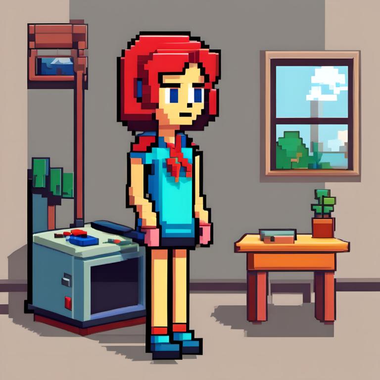 Pixel Art,Pixel Art, People, woman, 1girl, solo, red hair, blue eyes, braid, potted plant, shirt, indoors