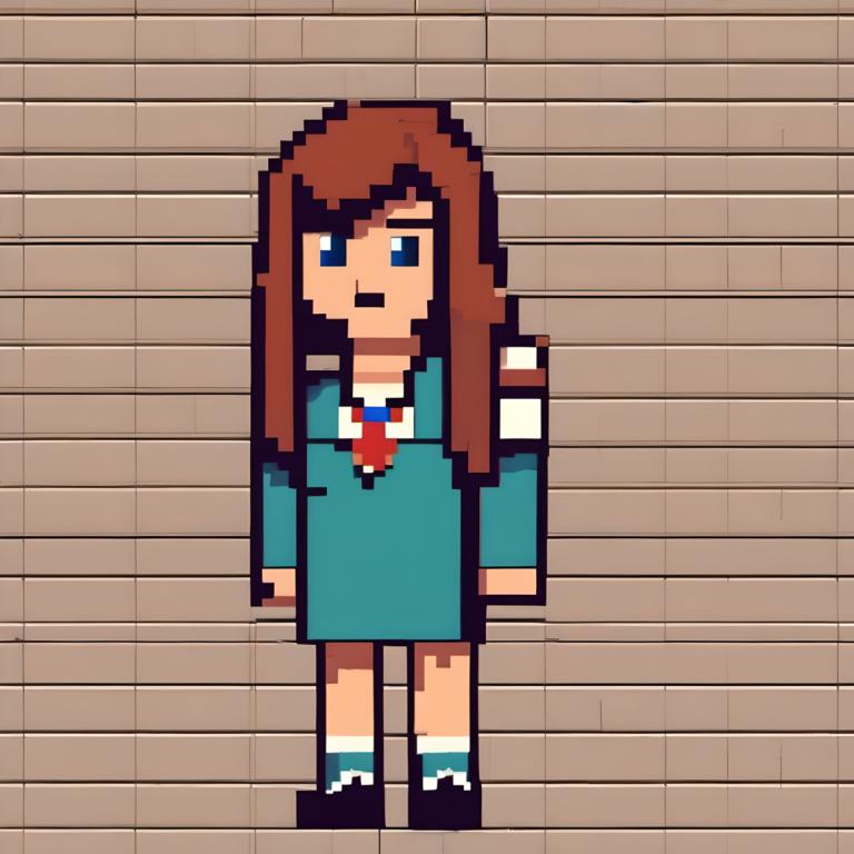 Pixel Art,Pixel Art, People, woman, 1girl, solo, brown hair, blue eyes, black footwear, long hair, standing