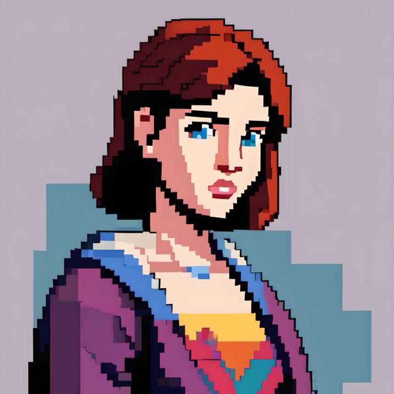 Pixel Art,Pixel Art, People, woman, 1girl, solo, blue eyes, brown hair, upper body, short hair