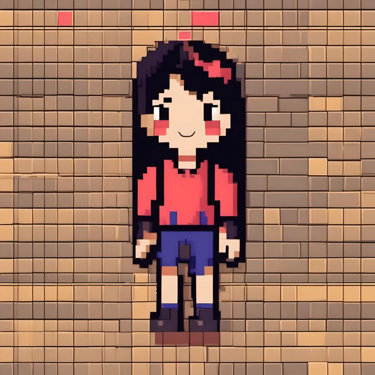 Pixel Art,Pixel Art, People, woman, solo, shirt, smile, black hair, shorts, 1girl, standing, red shirt