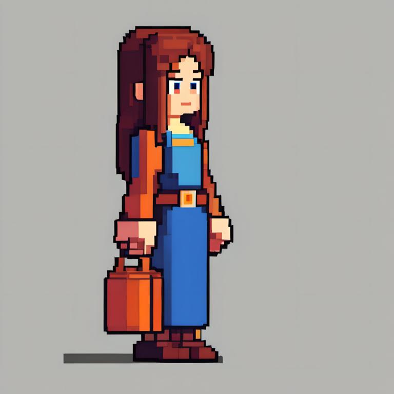 Pixel Art,Pixel Art, People, woman, 1girl, solo, brown hair, brown footwear, grey background, long hair, belt