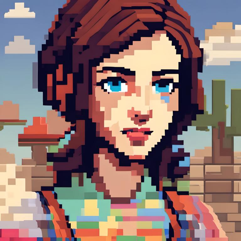 Pixel Art,Pixel Art, People, woman, solo, blue eyes, 1girl, brown hair, cloud, shirt, sky, looking at viewer