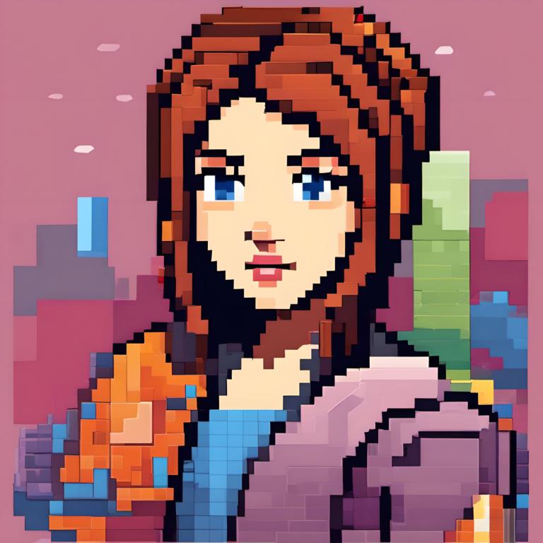 Pixel Art,Pixel Art, People, woman, 1girl, solo, blue eyes, brown hair, looking at viewer, upper body, armor