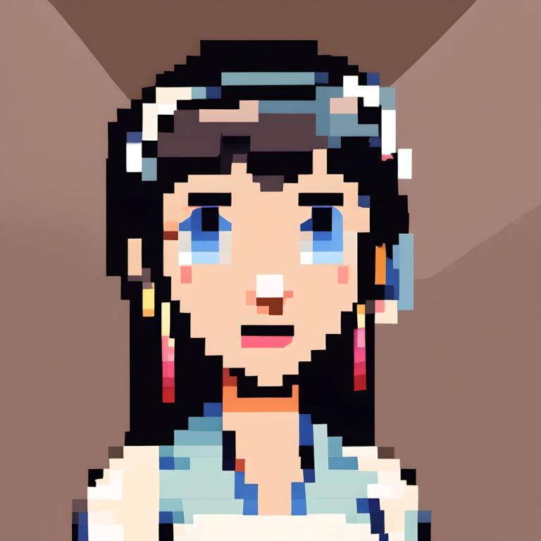 Pixel Art,Pixel Art, People, woman, solo, blue eyes, 1girl, black hair, open mouth, earrings