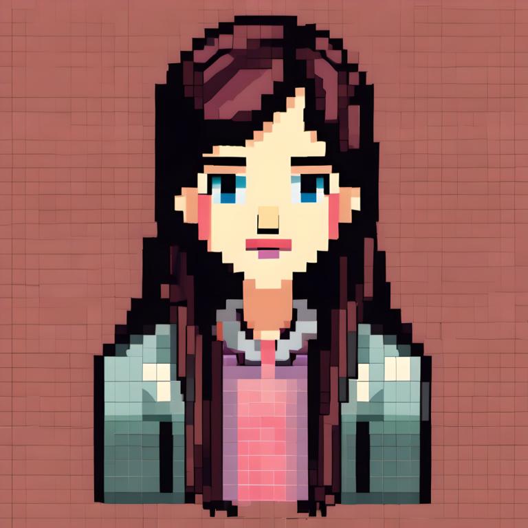 Arte de pixel,Arte de pixel, Gente, mujer, 1 chica, solo, ojos azules, fondo marrón, pelo largo, Pelo castaño