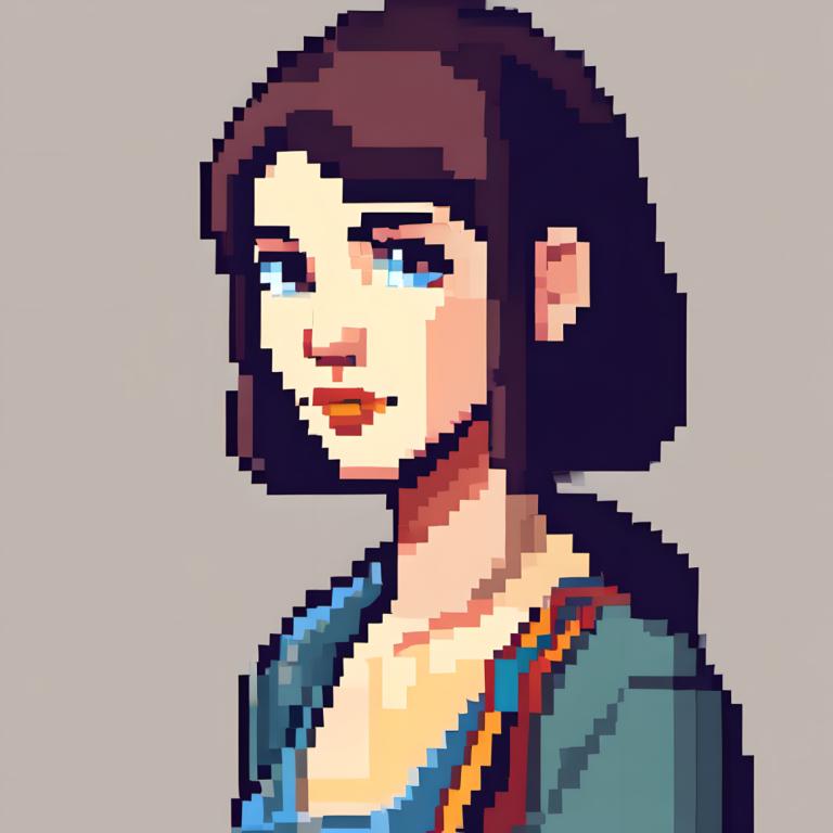 Arte de pixel,Arte de pixel, Gente, mujer, solo, ojos azules, 1 chica, fondo sencillo, Pelo castaño