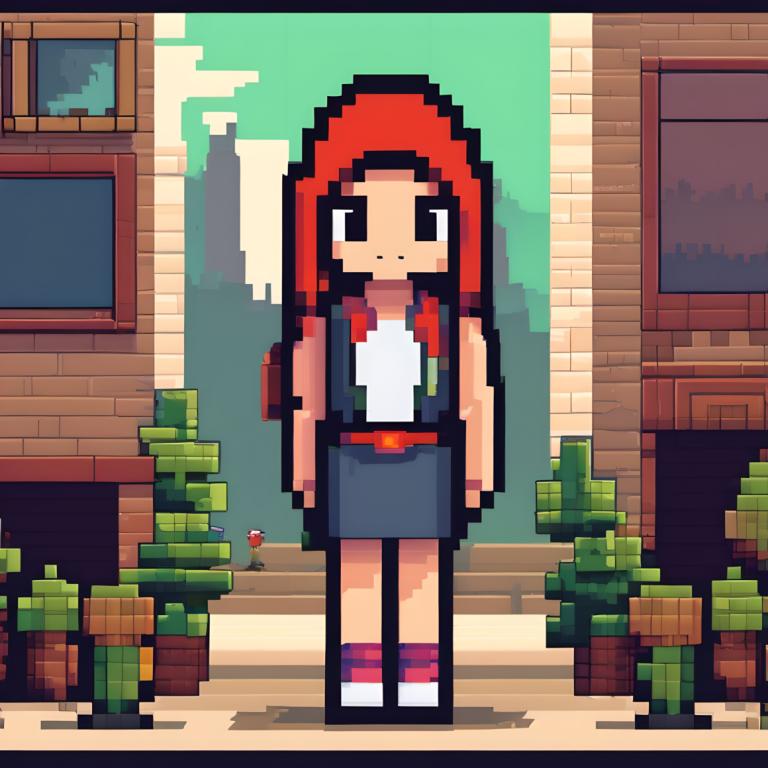 Pixel Art,Pixel Art, People, woman, 1girl, solo, long hair, red hair, plant, black eyes, potted plant