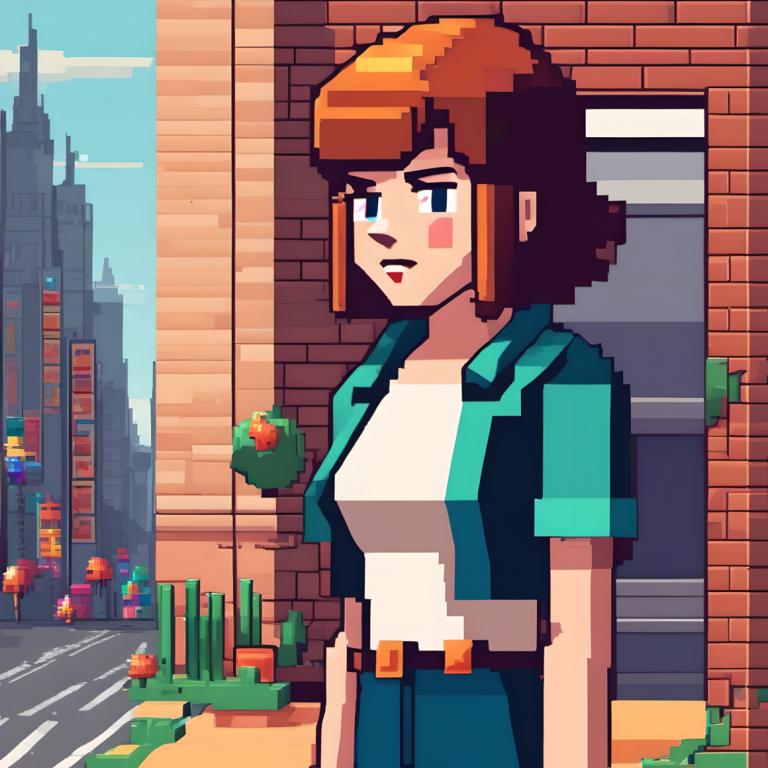 Pixel Art,Pixel Art, People, woman, 1girl, solo, brown hair, outdoors, belt, shirt, short hair, blue eyes