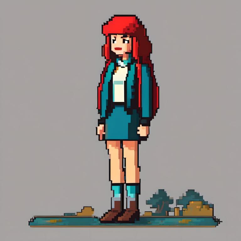 Pixel Art,Pixel Art, People, woman, 1girl, grey background, solo, skirt, brown footwear, jacket, backpack