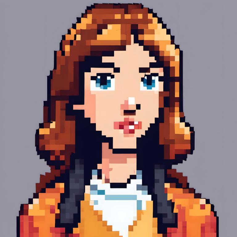 Pixel Art,Pixel Art, People, woman, 1girl, solo, blue eyes, grey background, brown hair, simple background