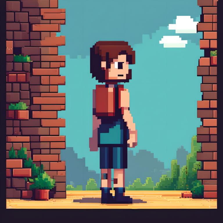 Pixel Art,Pixel Art, People, woman, brown hair, outdoors, solo, day, standing, blue sky, 1boy, shirt, cloud