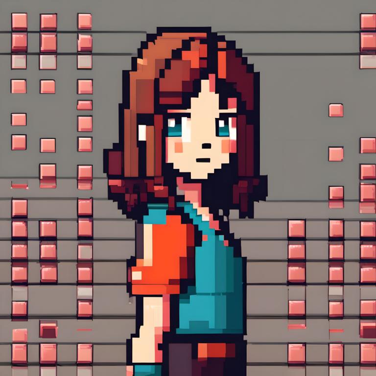 Pixel Art,Pixel Art, People, woman, solo, brown hair, shirt, 1girl, short sleeves, looking at viewer