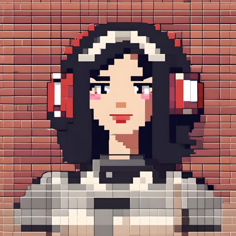 Pixel Kunst,Pixel Kunst, Menschen, Frau, 1Mädchen, Solo, schwarzes Haar, Ziegelwand, schwarze Augen